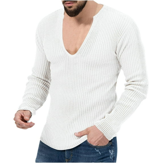 Cmfcve Men White V-Neck Long Sleeve T-Shirts Plus Size Knit Thin Tops Loose Soft Workout Pullover Tee Solid Color Base Layer Shirt