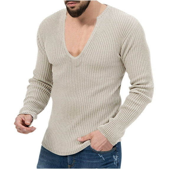 Cmfcve Men's Plus Size Tops V-Neck Loose Knit Pullover Tee Thin Solid Color Long Sleeve Base Layer Shirt