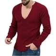 thumbnail image 1 of Cmfcve Men Red Plus Size V-Neck Workout Shirt Long Sleeve Knit Thin T-Shirts Loose Soft Pullover Tees Solid Color Base Undershirt, 1 of 7