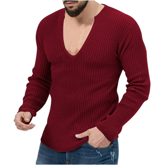 Cmfcve Men Red Plus Size V-Neck Workout Shirt Long Sleeve Knit Thin T-Shirts Loose Soft Pullover Tees Solid Color Base Undershirt