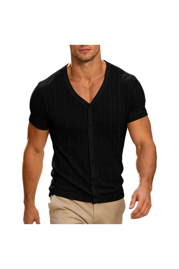 Men's Short Sleeve Shirt V Neck Casual Button Down Shirt Vintage Textured Grid Plaid Slim Fit Summer Tops