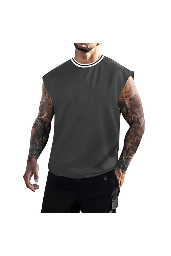 Men's Striped Tank Top Elastic Breathable Muscle Tank Top Crew Neck Sleeveless Undershirt