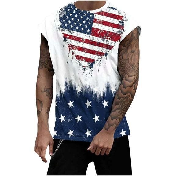 Cmfcve Men's Summer Plus Size Tank Tops Printing Pullover Gym Vests Sleeveless Round Neck Patriotic Waistcoat