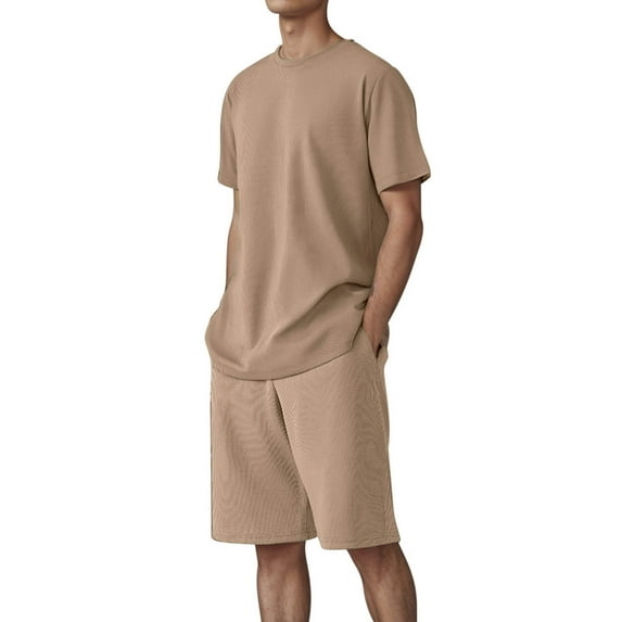 Cmfcve Men's Summer Short Set Outfits Round Neck Fitness Set Breathable Lightweight Shirt Set with Pocket