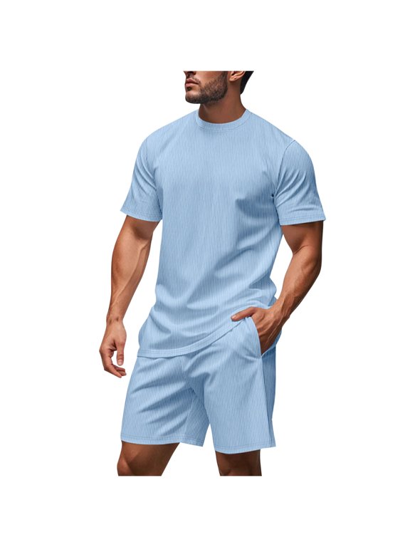 Athletic 2 Piece Outfits Set Cool Breathable short sleeve shirt and shorts beach suit Round Neck Short Sleeve Top Suit with Pockets