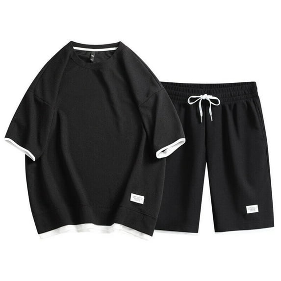 Cmfcve Men's Summer Short Sets Waffle Oversize T-shirt Shorts Set Round Neck Breathable Sports Sets