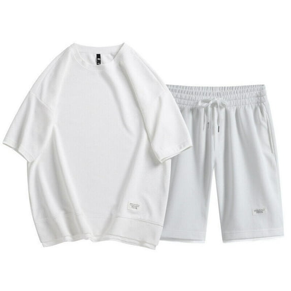 Cmfcve Men's Summer Short Sets Waffle Oversize T-shirt Shorts Set Round Neck Breathable Sports Sets