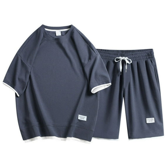 Cmfcve Men's Summer Short Sets Waffle Oversize T-shirt Shorts Set Round Neck Breathable Sports Sets