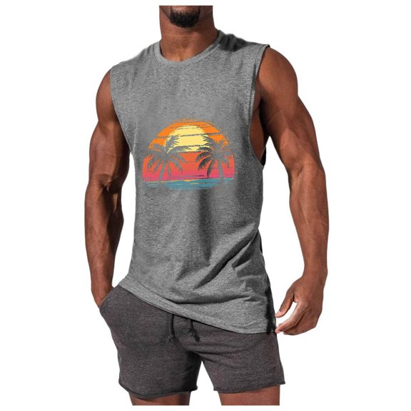 Cmfcve Hawaiian Tank Top for Men Breathable Loose Summer Sleeveless Beach Vacation Shirts Crew Neck Graphic Gym Tees T-shirt