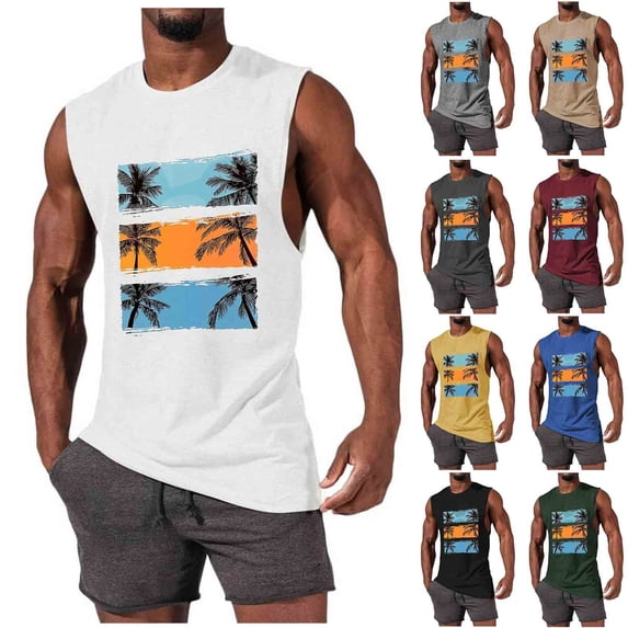 Cmfcve Men Summer Graphic Tank Top Crew Neck Sleeveless Breathable Elastic Gym Beach Workout Tee