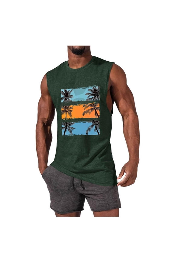 Men's Summer Tank Top Crew Neck Sleeveless Graphic Tees Breathable Elastic Beach Tank Top