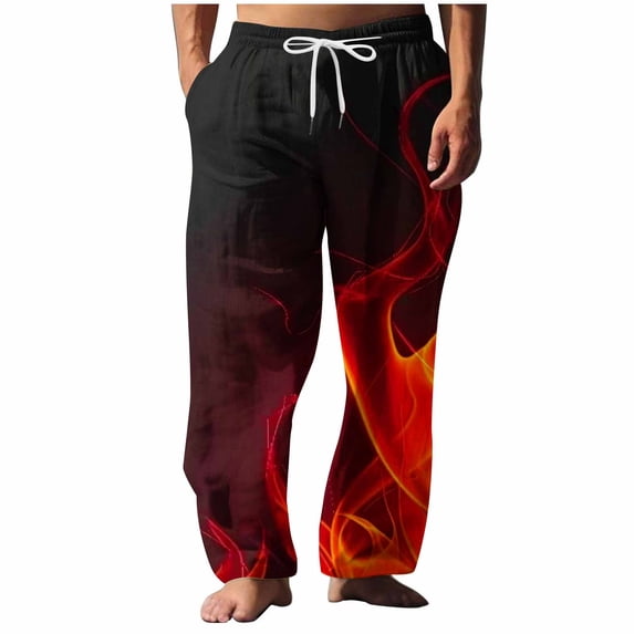 Cmfcve Men's Sweatpants Elastic Waistband Wide Leg Trousers Hip Hop Streetwear Straight Joggers Drawstring Flame Print Home Lounge Pants