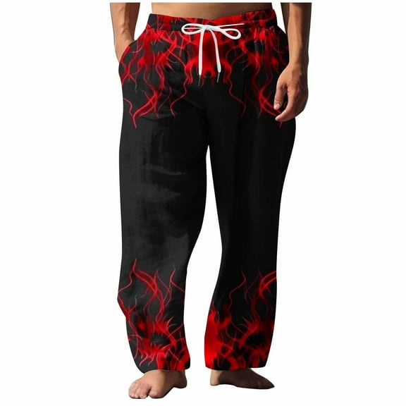 Cmfcve Men's Sweatpants Elastic Waistband Wide Leg Trousers Skater Streetwear Outdoor Straight Joggers Drawstring Flame Print Home Lounge Pants