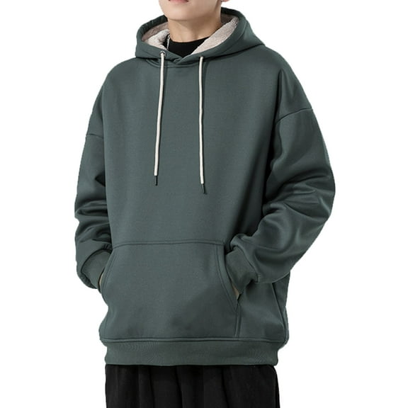 Cmfcve Men's Thickened Sweatshirts Long Sleeve Fleece Lined Hooded Jacket Top Solid Color Drawstring Pocket Pullover Hoodies