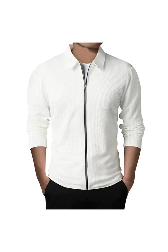 Men's Waffle Jacket Plus Size Solid Color Zipper Daily Coat Long Simple Business Casual Cardigan