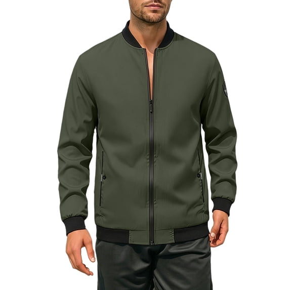 Cmfcve Men's Zip up Bomber Jacket Ribbed Collar Lightweight Long Sleeve Jacket Fall Fashion Baseball Coat Outerwear with Pockets