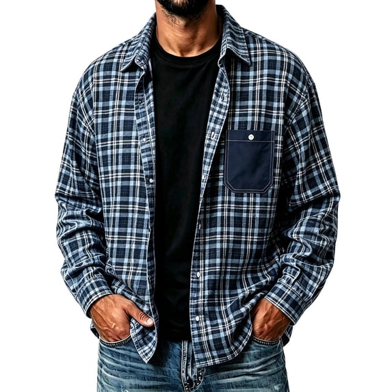 Cmfcve Men's and Big Men's Plaid Long Sleeve Button up Shirt Loose Fit Casual Fall Turn‑Down Collar Shirts with Chest Pocket