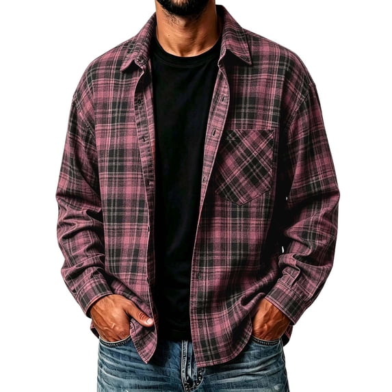 Cmfcve Men's and Big Men's Plaid Long Sleeve Button up Shirt Loose Fit Casual Fall Turn‑Down Collar Shirts with Chest Pocket