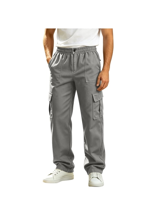 Mens Cargo Pants Button Zipper Fly Straight Leg Pants Casual Outdoor Hiking Work Trousers