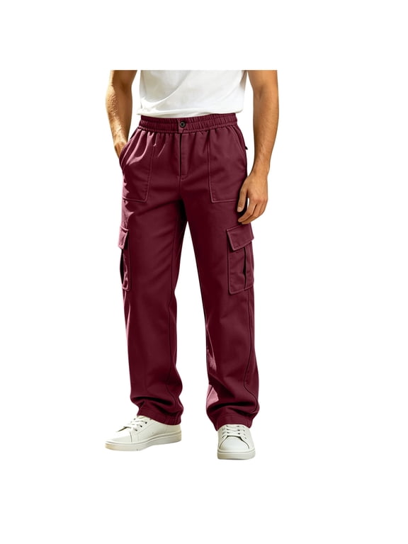 Mens Cargo Pants Button Zipper Fly Straight Leg Pants Casual Outdoor Hiking Work Trousers