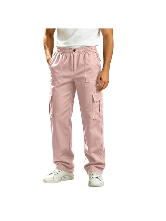 Mens Cargo Pants Button Zipper Fly Straight Leg Pants Casual Outdoor Hiking Work Trousers