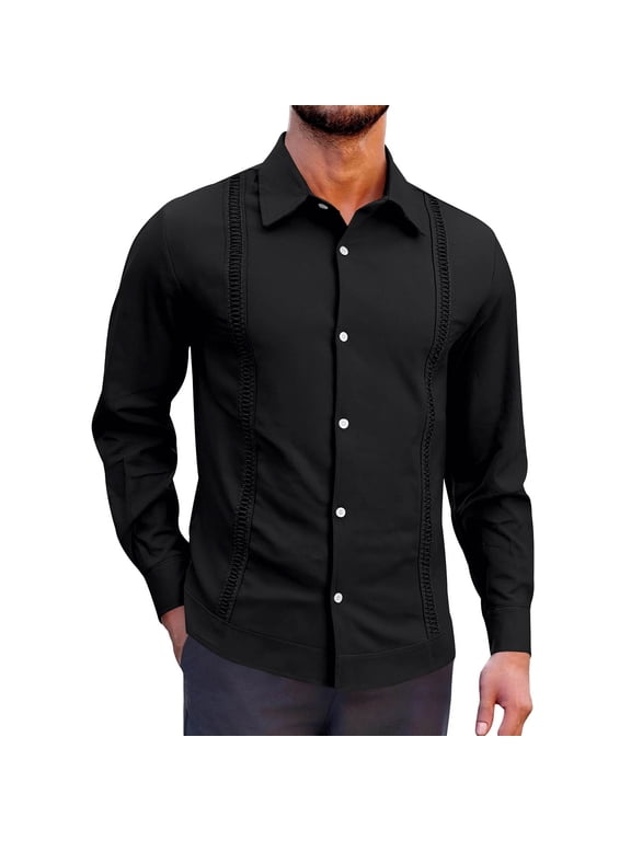 Mens Cuban Guayabera Shirt Long Sleeve Casual Dress Linen Button Down Shirts Fashion Loose Fit Shirt Jackets