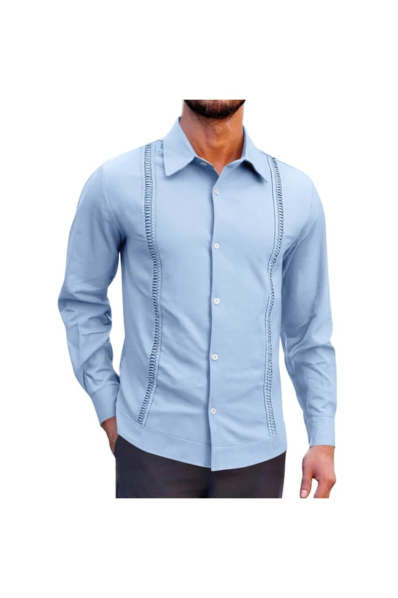 Mens Cuban Guayabera Shirt Long Sleeve Casual Dress Linen Button Down Shirts Fashion Loose Fit Shirt Jackets