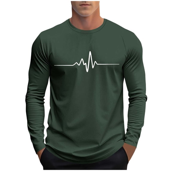 Cmfcve Mens Fall Layering Tops Plus Size Crew Neck Long Sleeve Tee Shirts Heartbeat Print Fall Oversized Casual Pullover