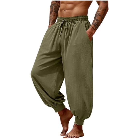 Cmfcve Mens Harem Pants Casual Elastic Waist Drawstring Baggy Hippie Trousers Cotton Linen Summer Boho Beach Pants