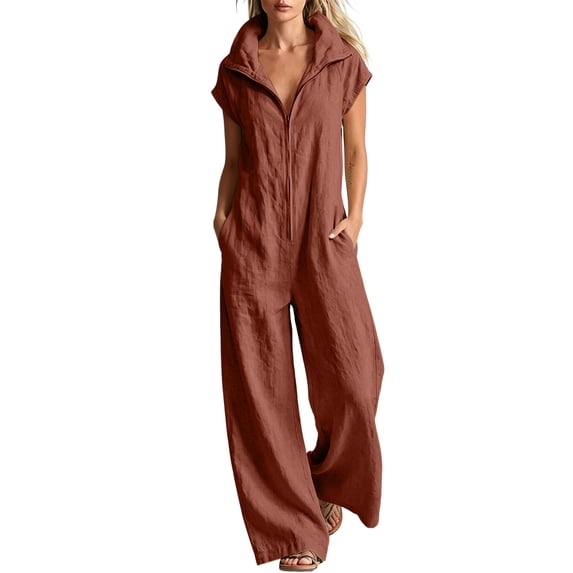 Cmfcve One Piece Jumpsuit for Women Cotton Blend Short Sleeve Zip Up Rompers Outfit Collared Wide Leg Full Length Palazzo Pants with Pockets