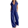 thumbnail image 1 of Cmfcve One Piece Jumpsuit for Women Cotton Blend Short Sleeve Zip Up Rompers Outfit Collared Wide Leg Full Length Palazzo Pants with Pockets, 1 of 6