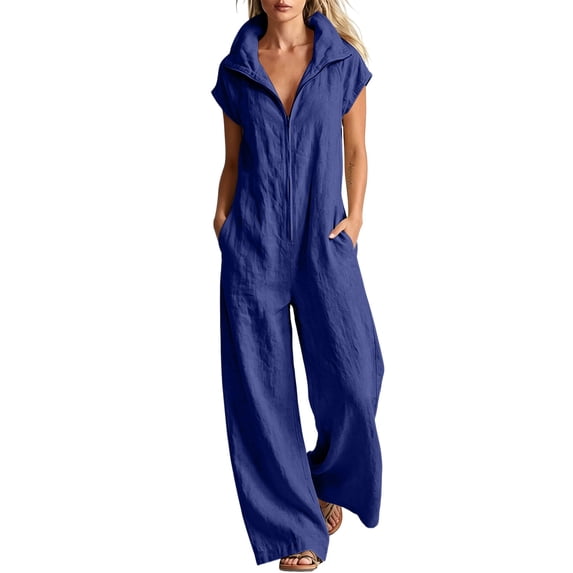 Cmfcve One Piece Jumpsuit for Women Cotton Blend Short Sleeve Zip Up Rompers Outfit Collared Wide Leg Full Length Palazzo Pants with Pockets