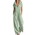 thumbnail image 1 of Cmfcve One Piece Jumpsuit for Women Cotton Blend Short Sleeve Zip Up Rompers Outfit Collared Wide Leg Full Length Palazzo Pants with Pockets, 1 of 6