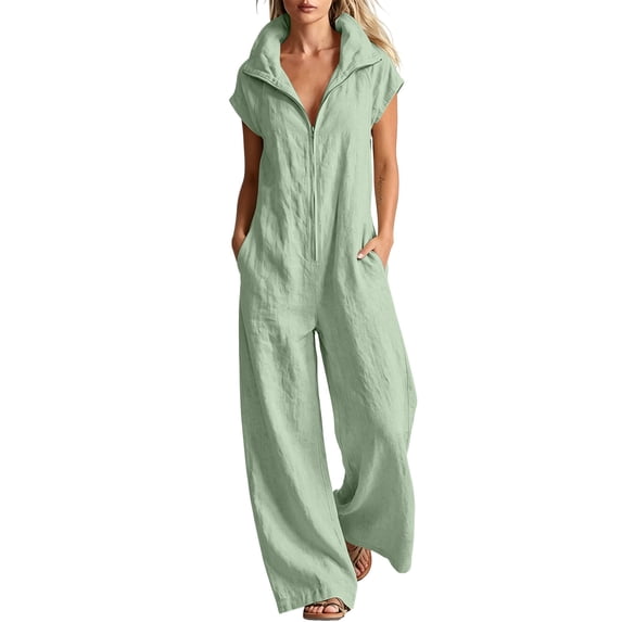 Cmfcve One Piece Jumpsuit for Women Cotton Blend Short Sleeve Zip Up Rompers Outfit Collared Wide Leg Full Length Palazzo Pants with Pockets
