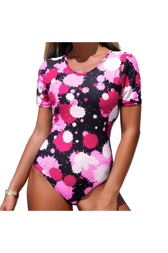 One Piece Swimsuit for Women Modest Keyhole Back Full Coverage Swimwear Printed Short Sleeve Crew Neck Bathing Suit