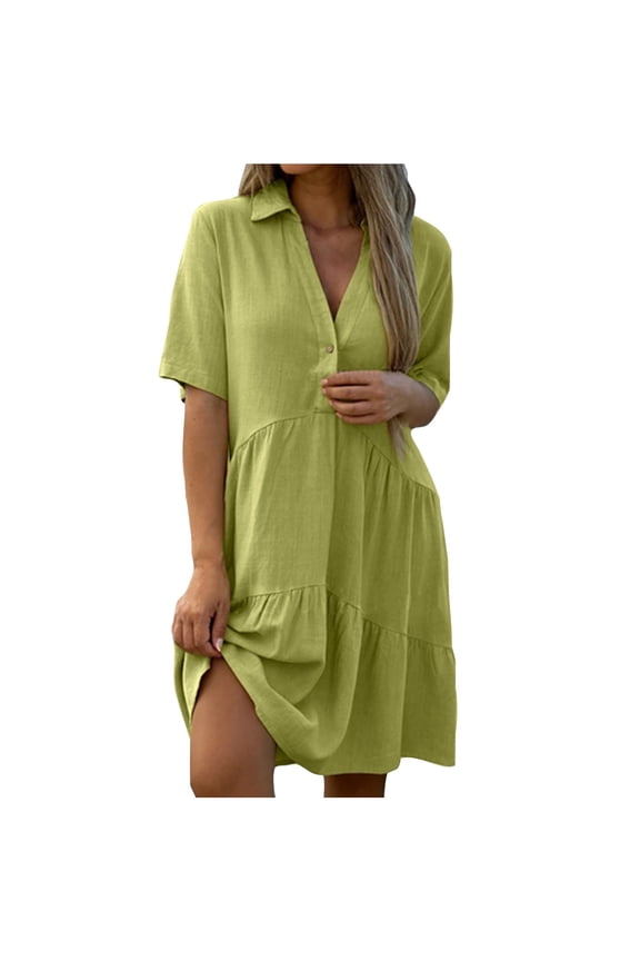 Oversized Collared Half-Button Dress for Women Summer Short Sleeve Flowy Knee Length Dress Casual Loose Fit Dresses With Pockets
