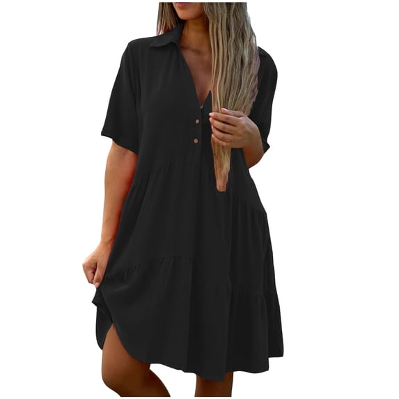 Cmfcve Oversized Collared Half-Button Dress for Women Summer Short Sleeve Flowy Knee Length Dress Casual Loose Fit Dresses With Pockets