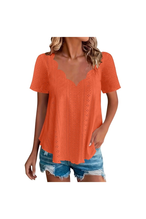 Oversized Summer Tops for Women Seashell Edge V Neck T Shirts Short Sleeve Dressy Top Casual Ruffle Hem Tunic Blouses