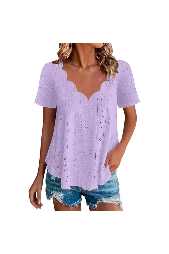 Oversized Summer Tops for Women Seashell Edge V Neck T Shirts Short Sleeve Dressy Top Casual Ruffle Hem Tunic Blouses