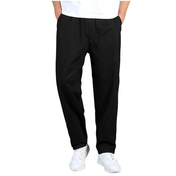 Cmfcve Pants for Men Plus Size Elastic Waist Cotton Linen Hiking Pants Drawstring Long Cargo Sweatpants with Zipper Pockets
