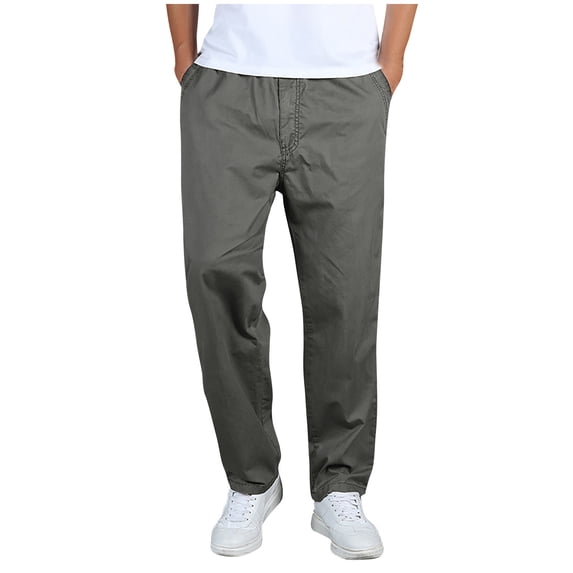 Cmfcve Pants for Men Plus Size Elastic Waist Cotton Linen Hiking Pants Drawstring Long Cargo Sweatpants with Zipper Pockets