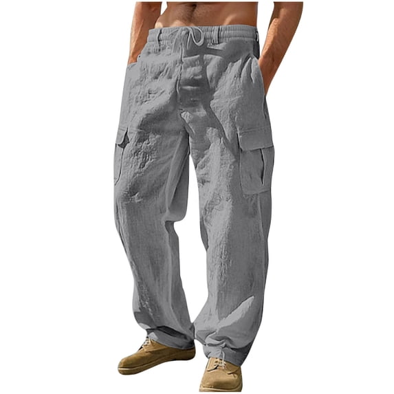Cmfcve Pants for Men Plus Size Elastic Waist Cotton Linen Outdoor Sweatpants Drawstring Straight Cargo Pants with Pockets