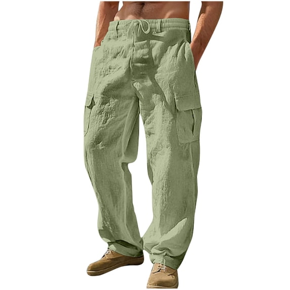Cmfcve Pants for Men Plus Size Elastic Waist Cotton Linen Outdoor Sweatpants Drawstring Straight Cargo Pants with Pockets