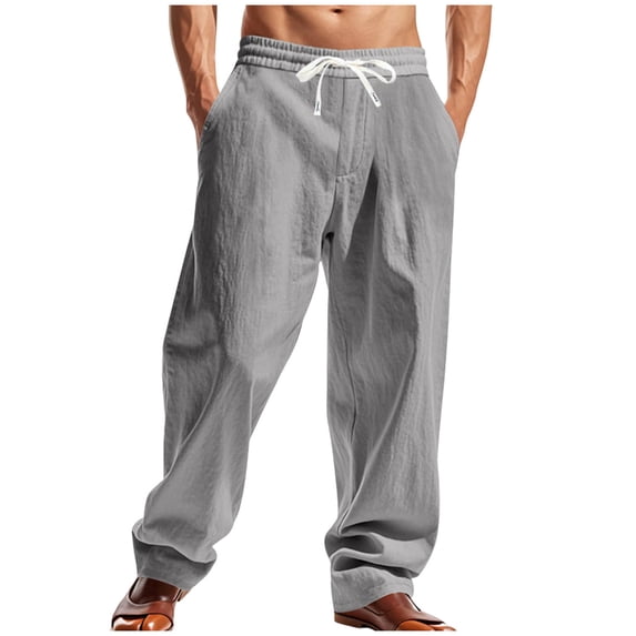 Cmfcve Pants for Men Plus Size High Waist Cotton Linen Outdoor Sweatpants Drawstring Straight Cargo Pants with Pockets