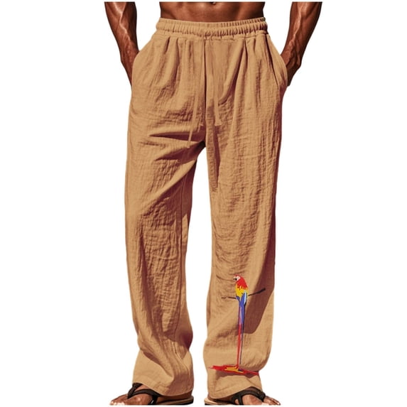 Cmfcve Parrot Print Linen Pants for Men Summer Casual Yoga Pants Elastic Waist Drawstring Lightweight Gauzy Trousers