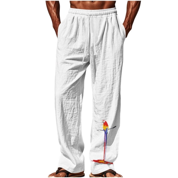 Cmfcve Parrot Print Linen Pants for Men Summer Casual Yoga Pants Elastic Waist Drawstring Lightweight Gauzy Trousers
