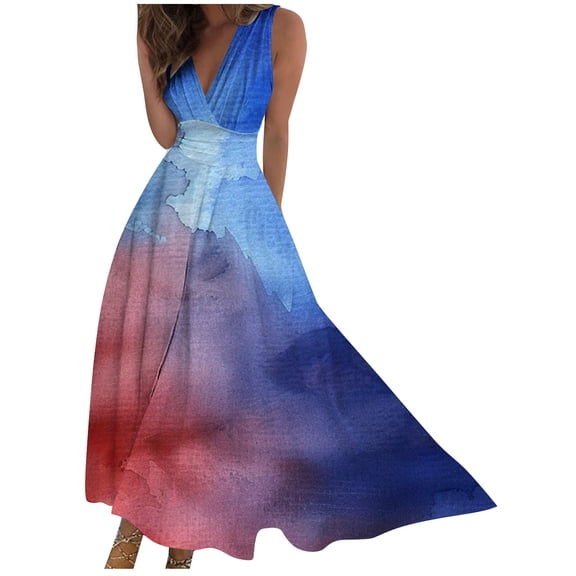 Cmfcve Patriotic Dress for Women Sleeveless Deep-V Neck Independence Day Maxi Dress Summer Flowy Beach Vacation Dresses