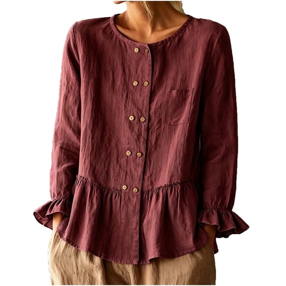 Cmfcve Peplum Blouses for Women Oversized Long Sleeve Cotton Linen Tops Trendy Button Down Shirts