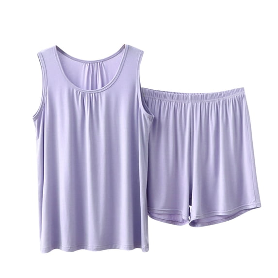 Cmfcve Plus Size 2 Piece Tank Tops Pajama Set for Women Summer Sleeveless Top & Elastic Waist Shorts Lounge Set with Pockets