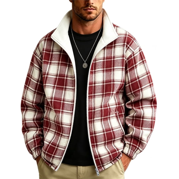 Cmfcve Plus Size Athletic Jacket for Men Casual Long Sleeve Zip up Jackets Collared Reversible Thin Plaid Jacket Outerwear